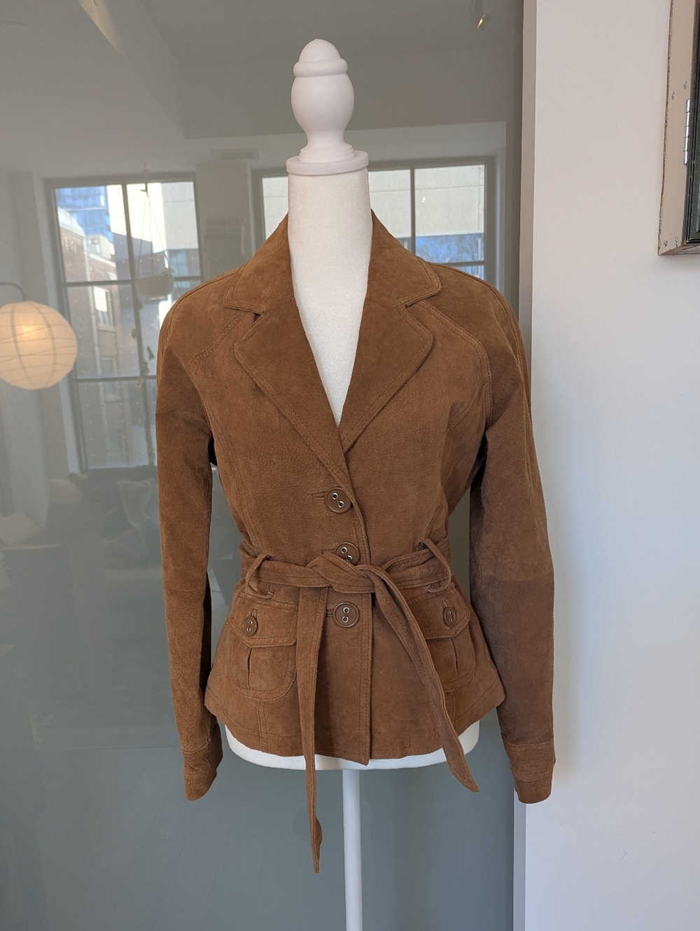 Vintage Real Suede Button-Waist Jacket with Tie Belt